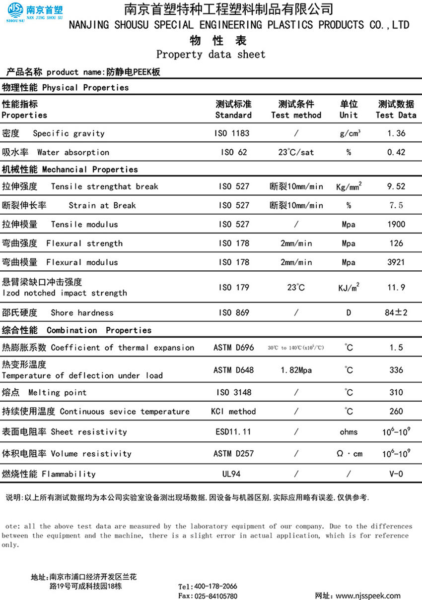 PEEK防靜電棒板參數表